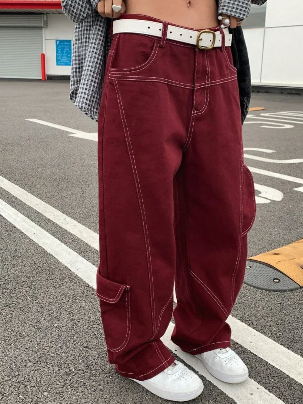 Burgundy Casual Women's Loose Fit Cargo Jeans Y2k
